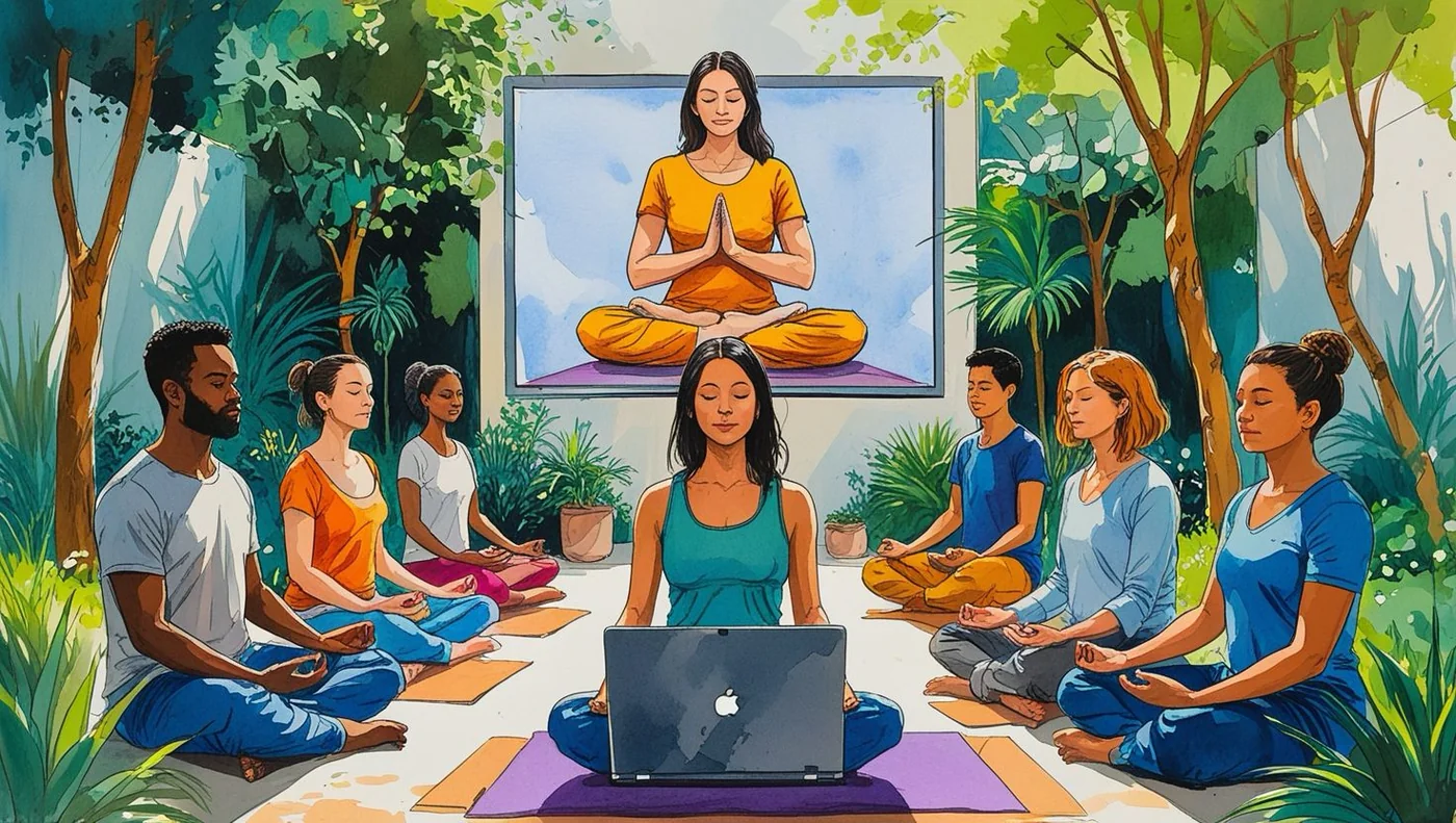 Illustration of a diverse group meditating together with an online instructor.